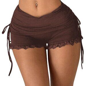 Brown Ruffle Tiered Fold Over Mini Shorts Y2K Drawstring Festival Summer Shorts